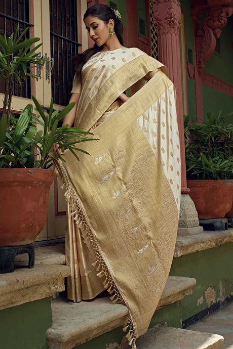 Off-White Satin Silk Woven Saree