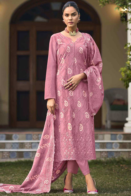 Buy Pink Cotton Embroidered  Salwar Suit Online