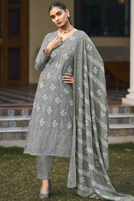 Buy Grey Cotton Embroidered  Salwar Suit Online