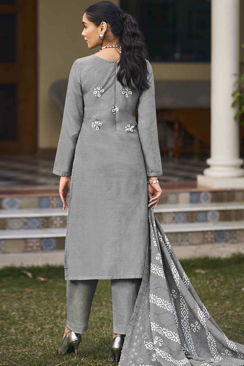 Buy Grey Cotton Embroidered  Salwar Suit Online - Front