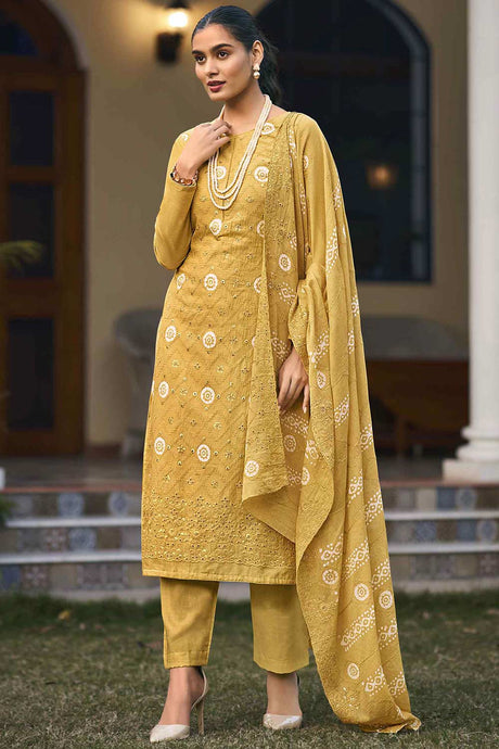 Buy Yellow Cotton Embroidered  Salwar Suit Online