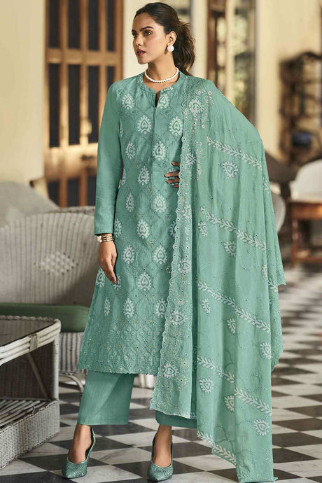 Buy Turquoise Cotton Embroidered  Salwar Suit Online