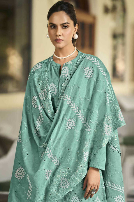 Buy Turquoise Cotton Embroidered  Salwar Suit Online - Back