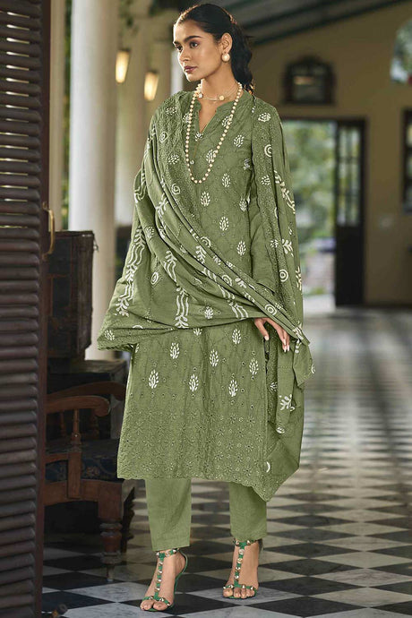 Buy Olive Green Cotton Embroidered  Salwar Suit Online