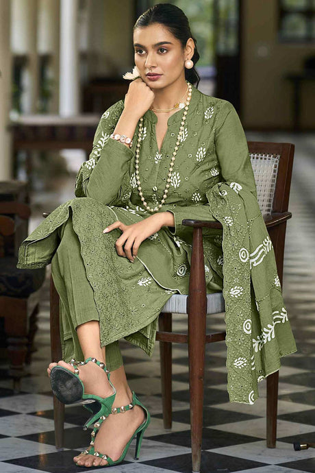 Buy Olive Green Cotton Embroidered  Salwar Suit Online - Back