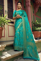 Turquoise Satin Silk Woven Saree