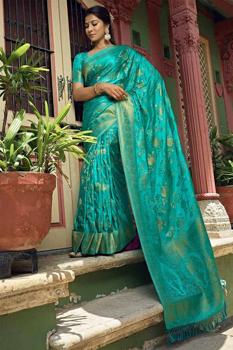 Turquoise Satin Silk Woven Saree