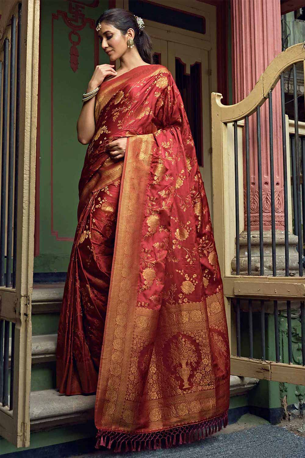 Maroon Satin Silk Woven Saree