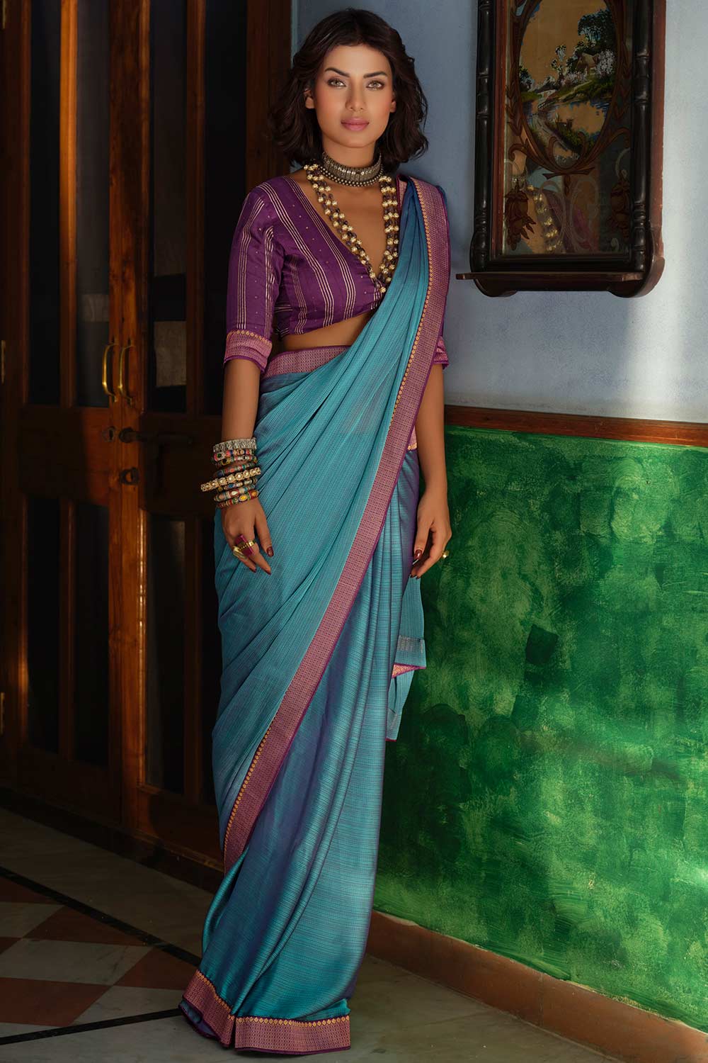 Buy Teal Art Silk Zari And Lace Work Saree Online