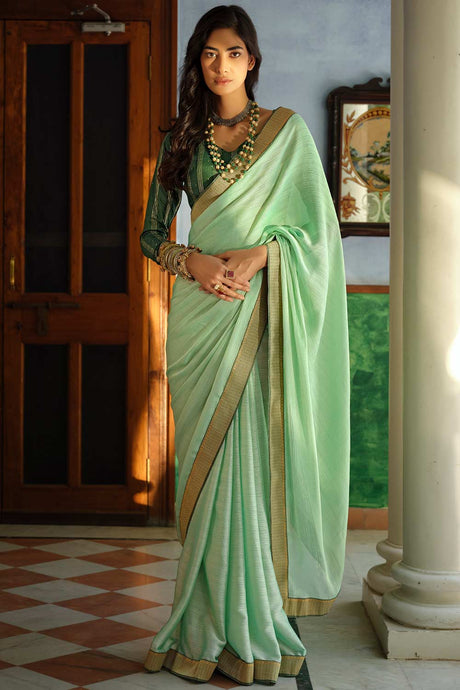 Buy Green Art Silk Zari And Lace Work Saree Online