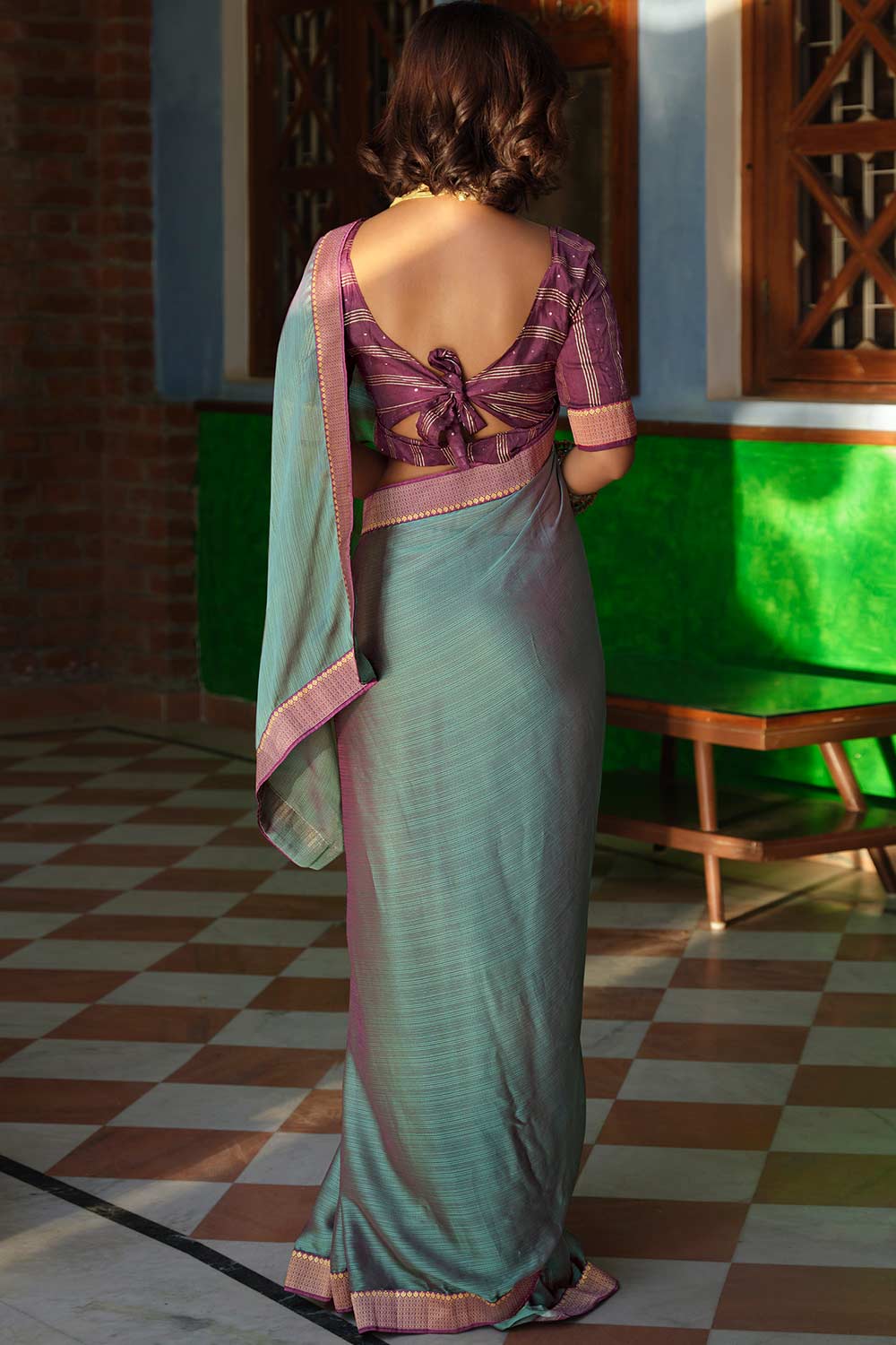 Buy Olive Green Art Silk Zari And Lace Work Saree Online - Back