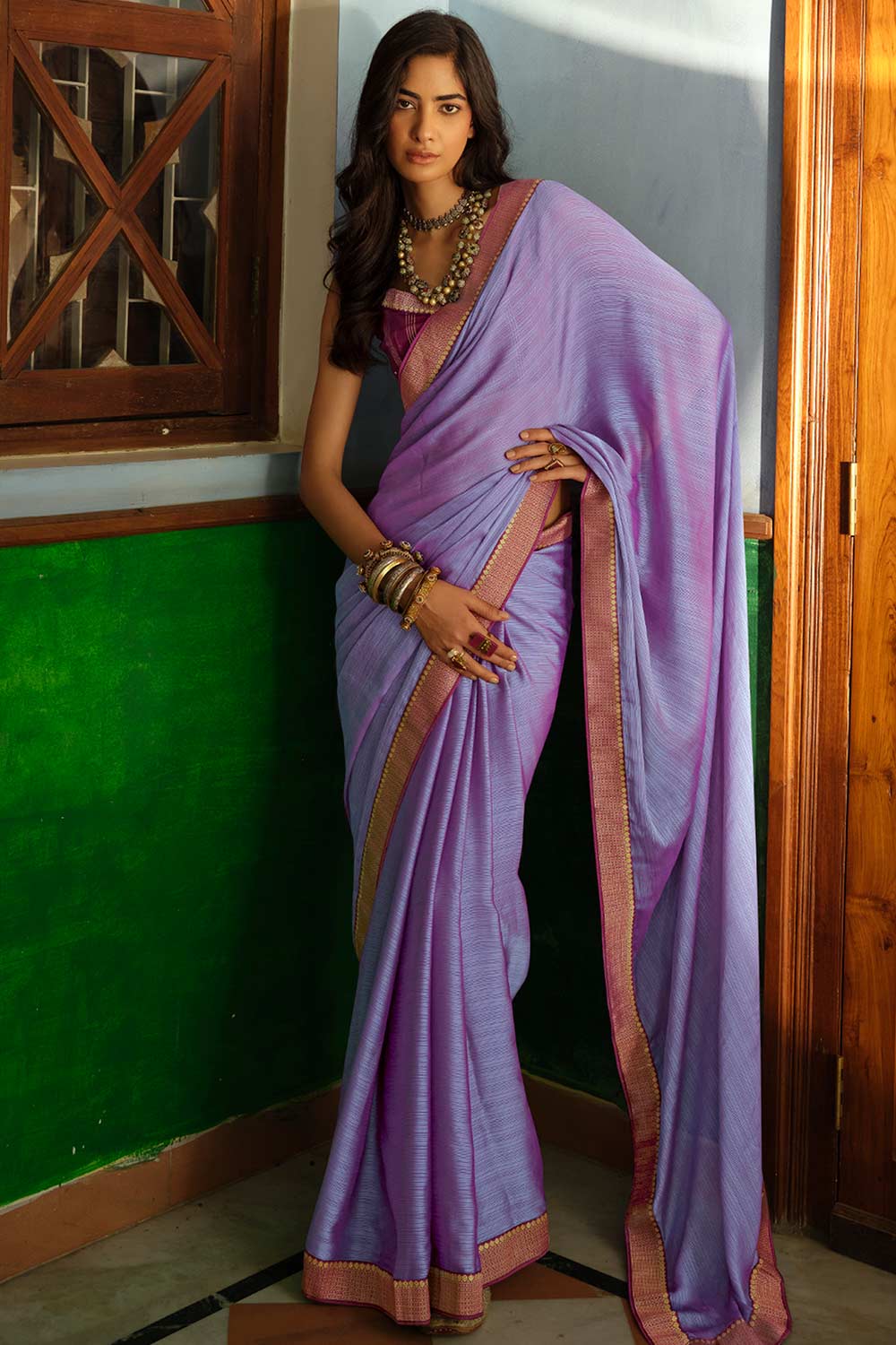 Buy Violet Art Silk Zari And Lace Work Saree Online