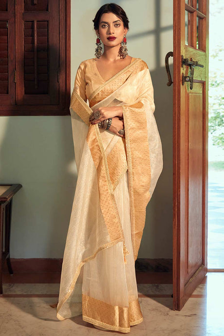 Buy Peach Organza Zari And Lace Work Saree Online