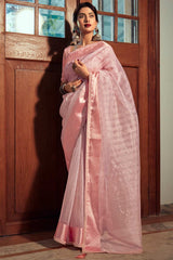 Buy Pink Organza Zari And Lace Work Saree Online