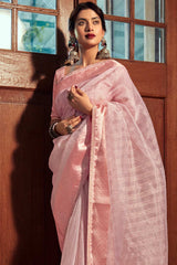 Buy Pink Organza Zari And Lace Work Saree Online - Back