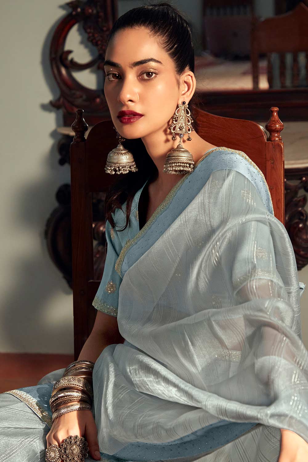 Buy Sky Blue Organza Zari And Lace Work Saree Online - Back