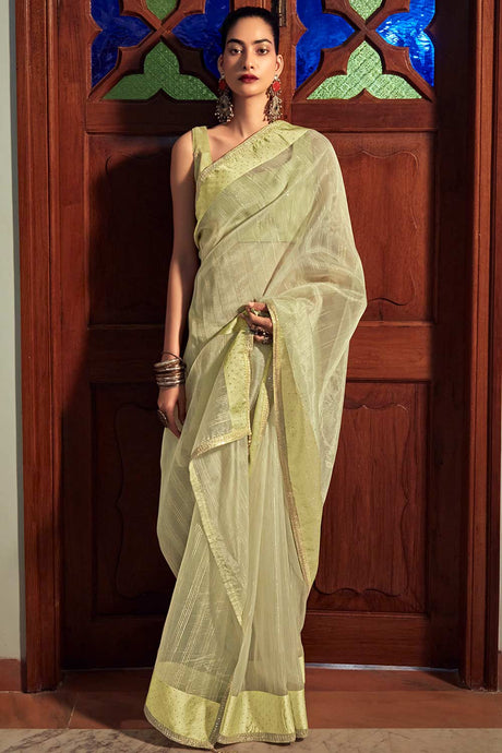 Buy Yellow Organza Zari And Lace Work Saree Online