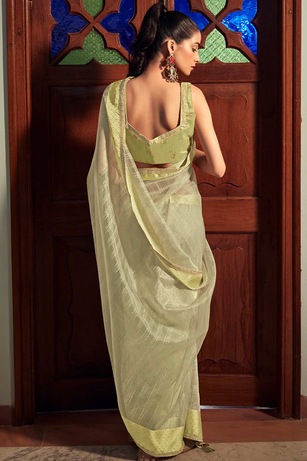 Buy Yellow Organza Zari And Lace Work Saree Online - Front