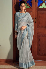 Buy Grey Organza Zari And Lace Work Saree Online