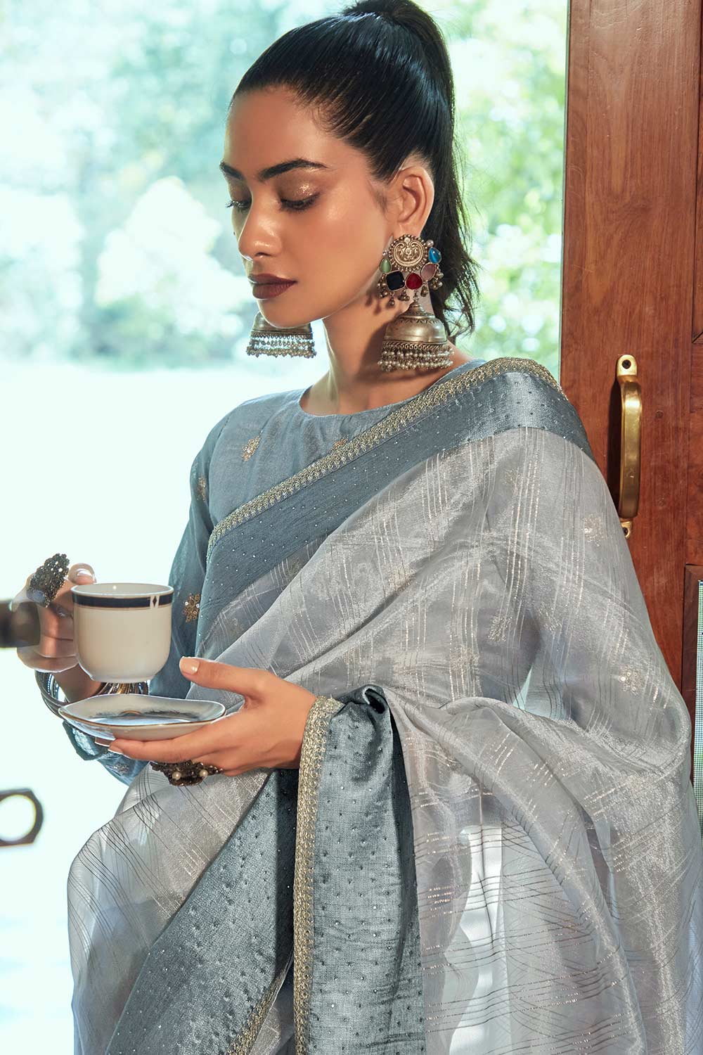 Buy Grey Organza Zari And Lace Work Saree Online - Front