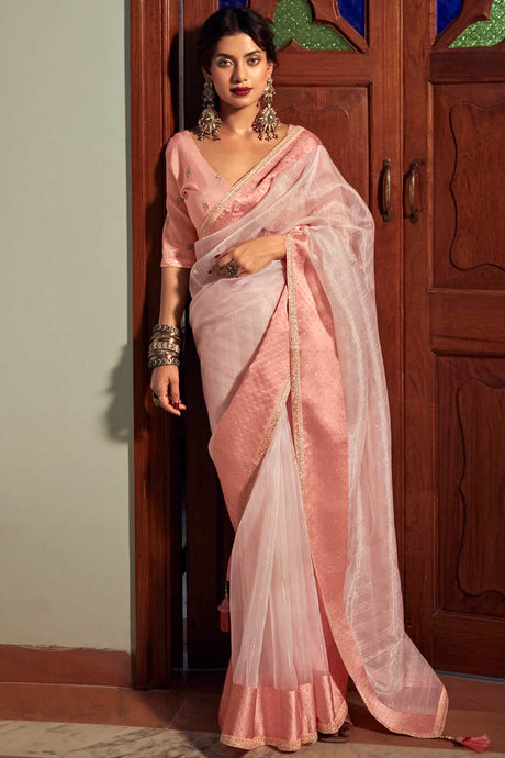 Buy Peach Organza Zari And Lace Work Saree Online