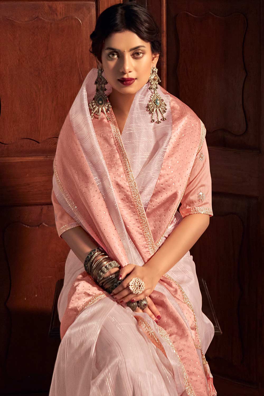 Buy Peach Organza Zari And Lace Work Saree Online - Front