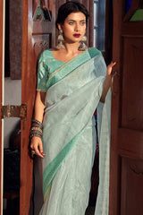 Buy Green Organza Zari And Lace Work Saree Online - Back