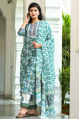 Buy Pure Cotton Batik Printed Ready to Wear Suit Set in Green Online