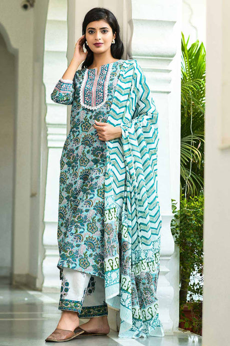 Buy Pure Cotton Batik Printed Ready to Wear Suit Set in Green Online