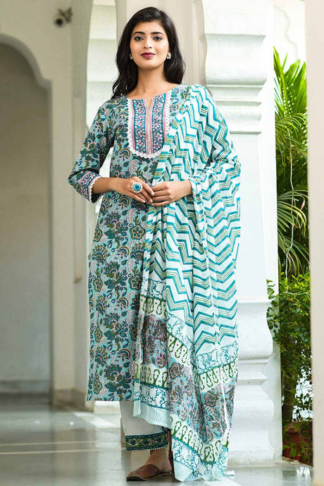 Buy Pure Cotton Batik Printed Ready to Wear Suit Set in Green Online - Back