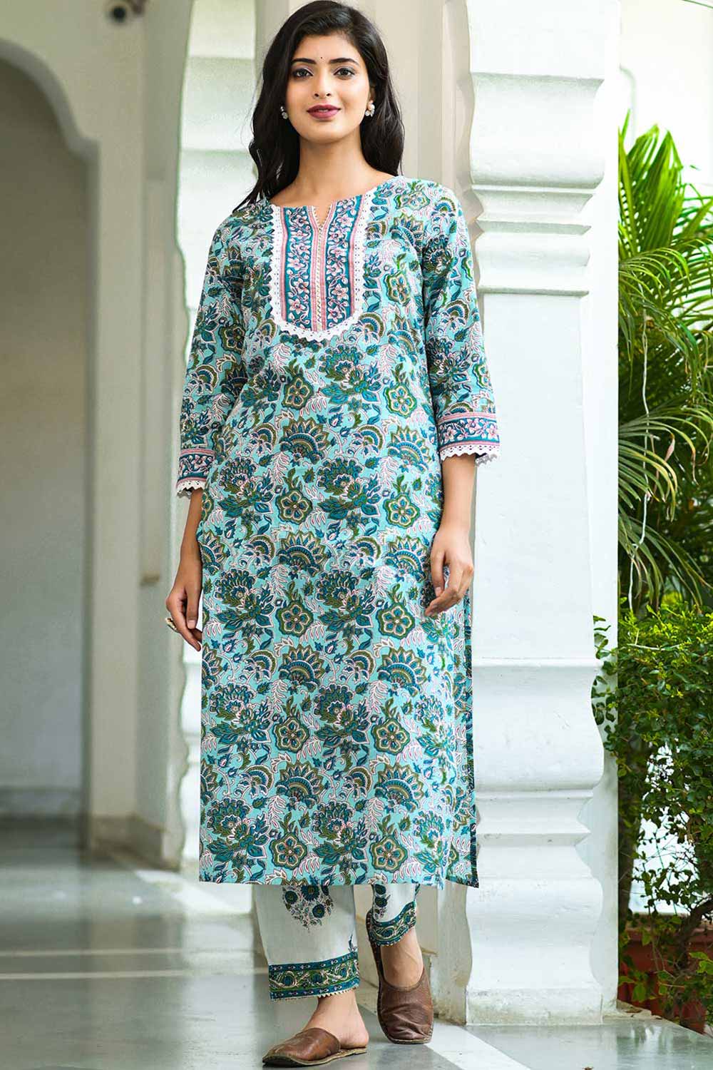 Buy Pure Cotton Batik Printed Ready to Wear Suit Set in Green Online - Zoom In