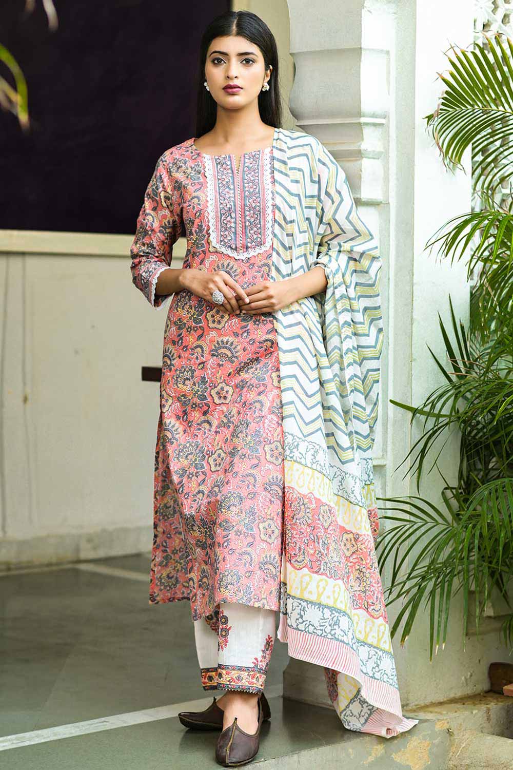 Buy Pure Cotton Batik Printed Ready to Wear Suit Set in Peach Online