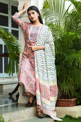 Buy Pure Cotton Batik Printed Ready to Wear Suit Set in Peach Online - Back