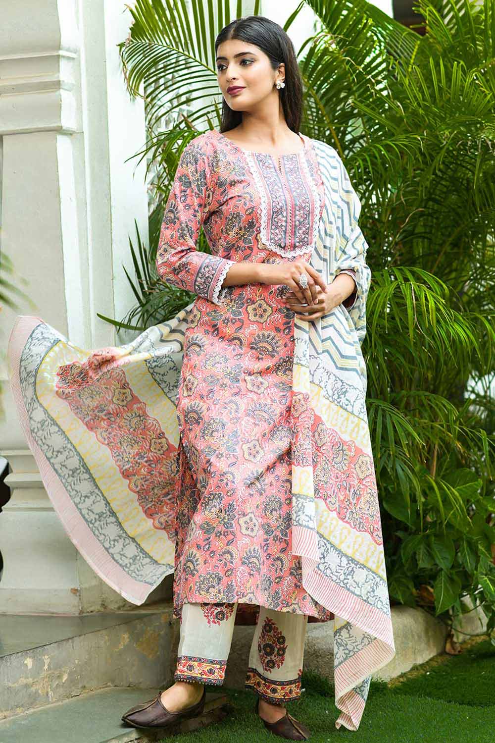 Buy Pure Cotton Batik Printed Ready to Wear Suit Set in Peach Online - Front