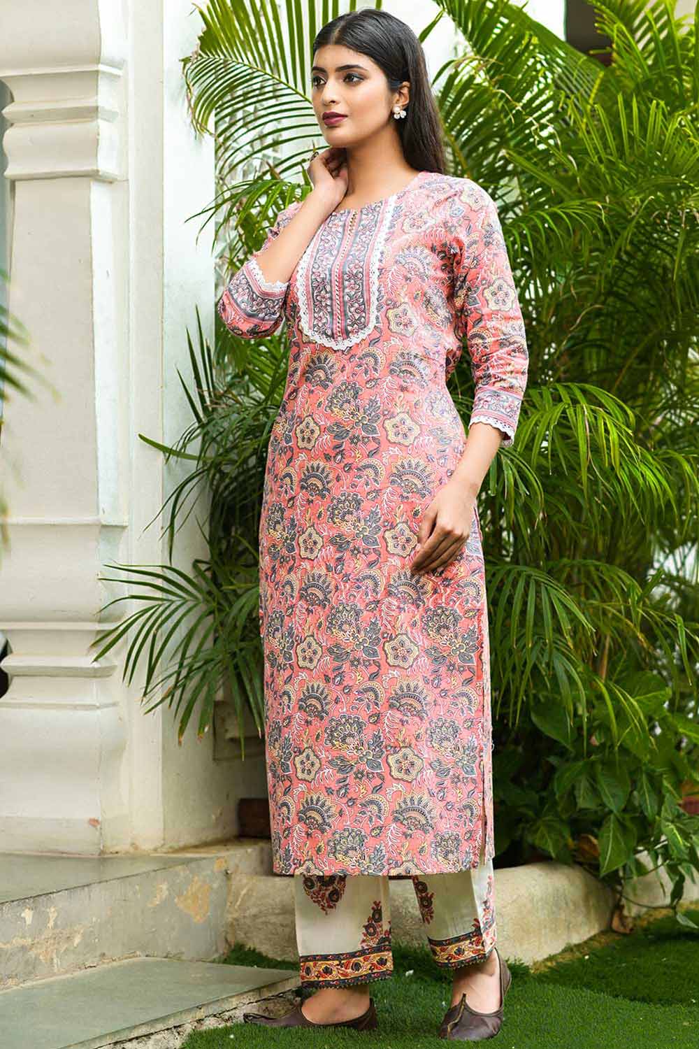 Buy Pure Cotton Batik Printed Ready to Wear Suit Set in Peach Online - Side