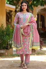 Buy Pure Cotton Floral Printed Ready to Wear Suit Set in Pink Online