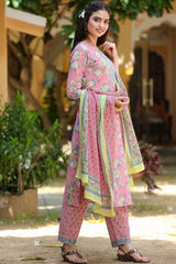 Buy Pure Cotton Floral Printed Ready to Wear Suit Set in Pink Online - Back