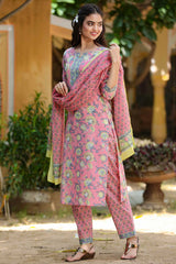 Buy Pure Cotton Floral Printed Ready to Wear Suit Set in Pink Online - Front