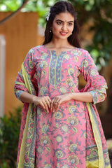 Buy Pure Cotton Floral Printed Ready to Wear Suit Set in Pink Online - Side