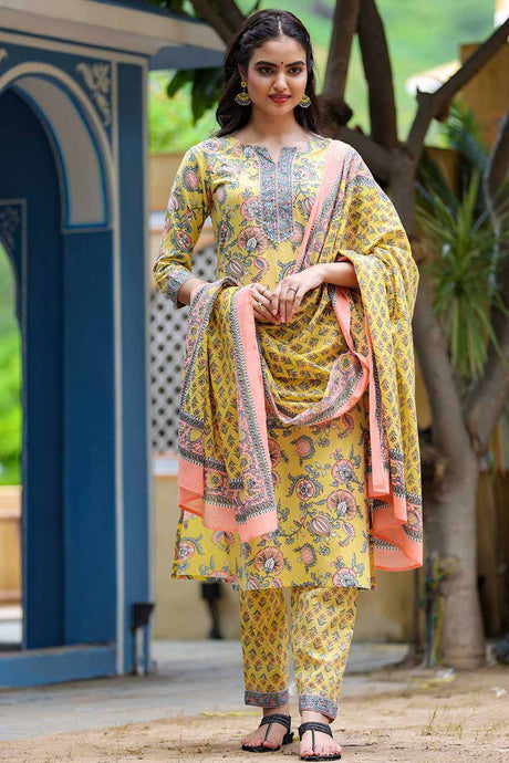 Buy Pure Cotton Floral Printed Ready to Wear Suit Set in Yellow Online