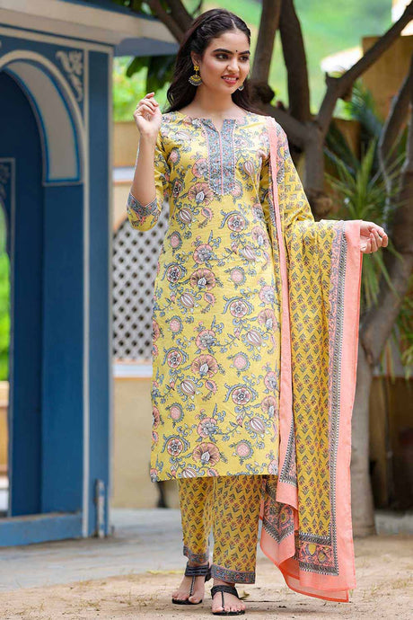 Buy Pure Cotton Floral Printed Ready to Wear Suit Set in Yellow Online - Back