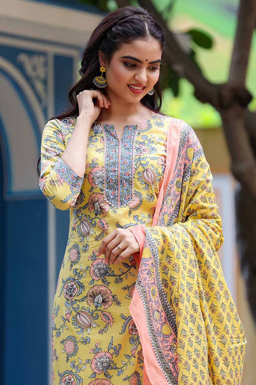 Buy Pure Cotton Floral Printed Ready to Wear Suit Set in Yellow Online - Side