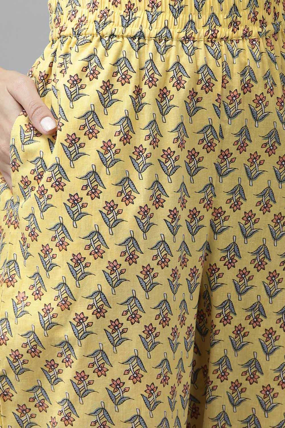Buy Pure Cotton Floral Printed Ready to Wear Suit Set in Yellow Online - Zoom In