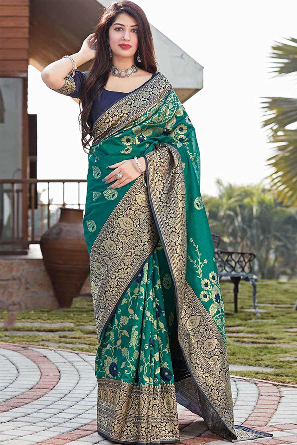 Buy Banarasi Art Silk Zari Woven Saree in Teal Online