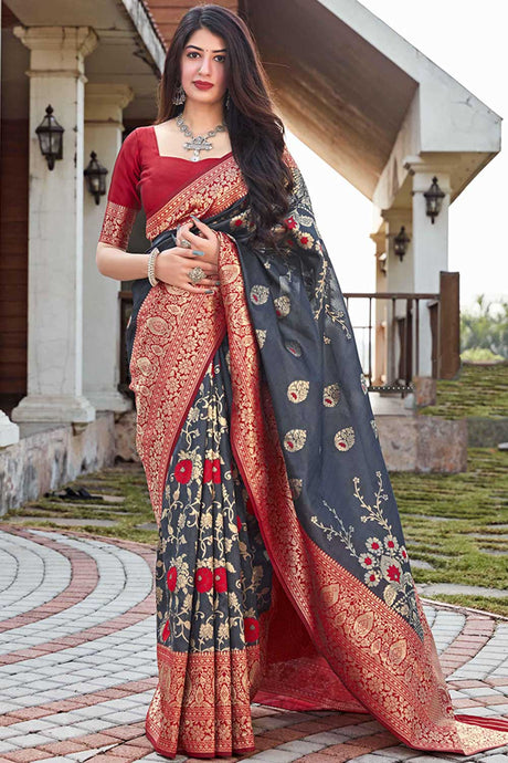 Buy Banarasi Art Silk Zari Woven Saree in Grey Online