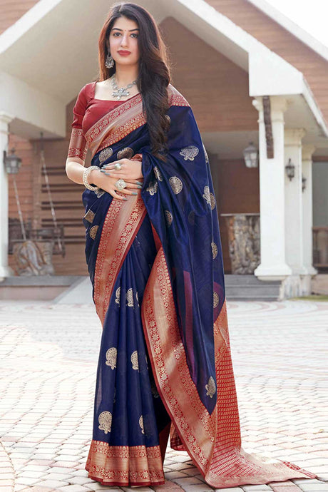 Buy Banarasi Art Silk Zari Woven Saree in Navy Blue Online