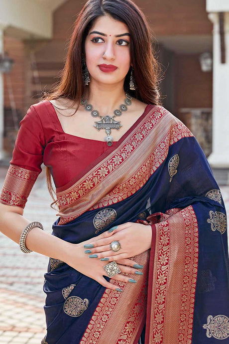 Buy Banarasi Art Silk Zari Woven Saree in Navy Blue - Back