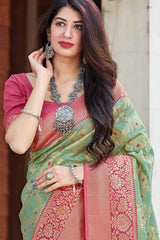 Buy Banarasi Art Silk Zari Woven Saree in Green - Back