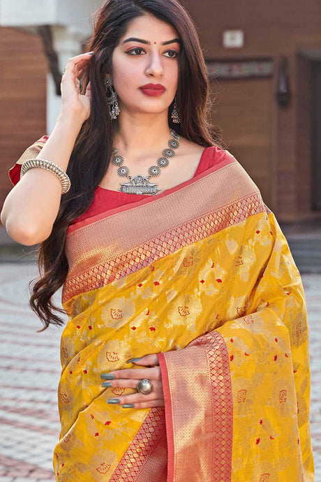 Buy Banarasi Art Silk Zari Woven Saree in Mustard - Back