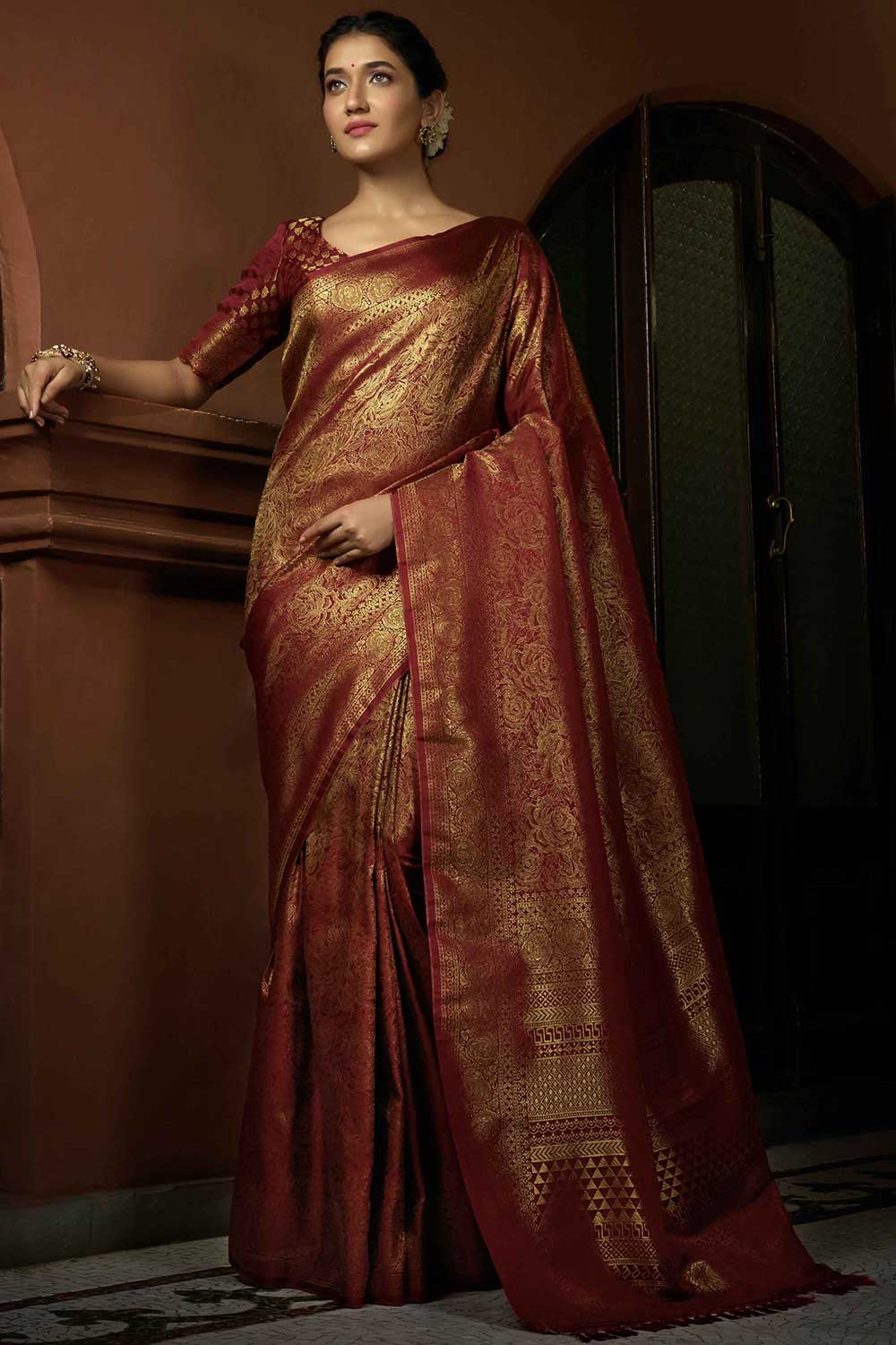 Maroon Art Silk Woven Saree